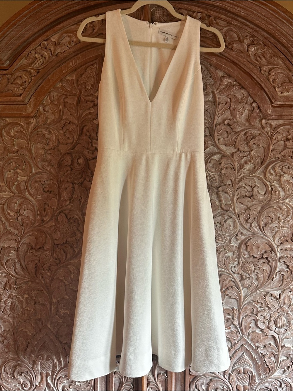 Dress the Population Cream V-Neck Midi Fit-and-Flare Dress